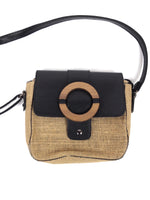 Vintage 70s Mod Prairie Straw and Faux Leather Crossbody Top Zipper Bag Purse with Wooden Circle Detail