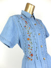 80s Prairie Bohemian Collared Short Sleeve Button Down Light Wash Denim Maxi Dress