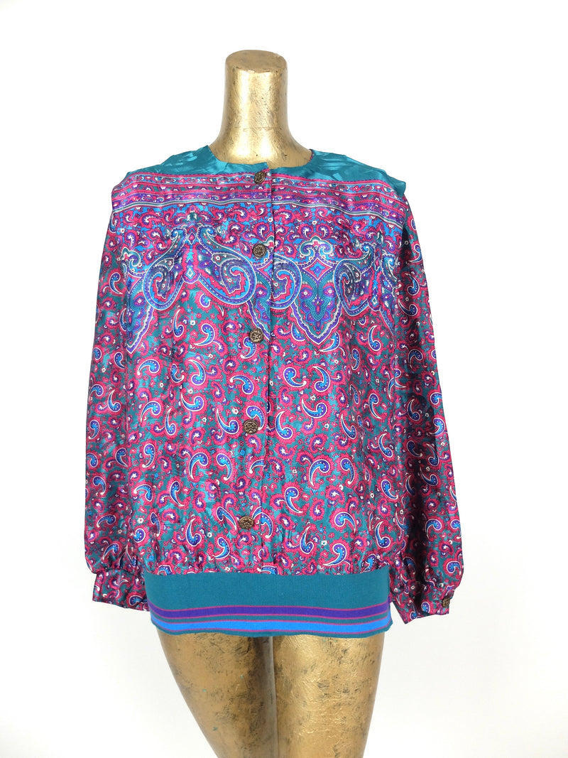 80s Psychedelic Paisley Abstract Long Sleeve Button Up Blouse with Elasticated Waist