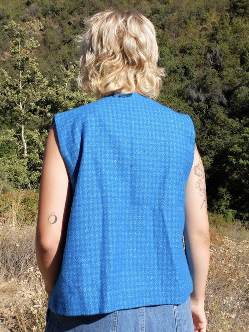 60s Mod Bright Blue Houndstooth Sleeveless Button Up Vest