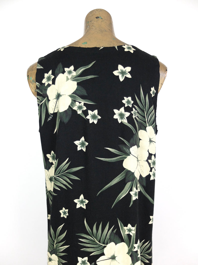 80s Tropical Hawaiian Black Floral Sleeveless Maxi Shift Tank Dress