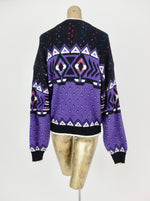 80s Abstract Geometric Pullover Sweater Jumper with Faux Leather Patches