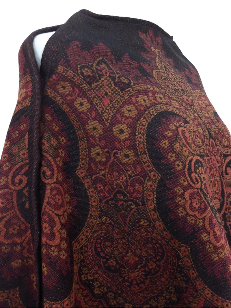 Vintage 80s Hippie Bohemian Art Nouveau Abstract Paisley Patterned Pullover Fringed Poncho Shawl | Size XS-S
