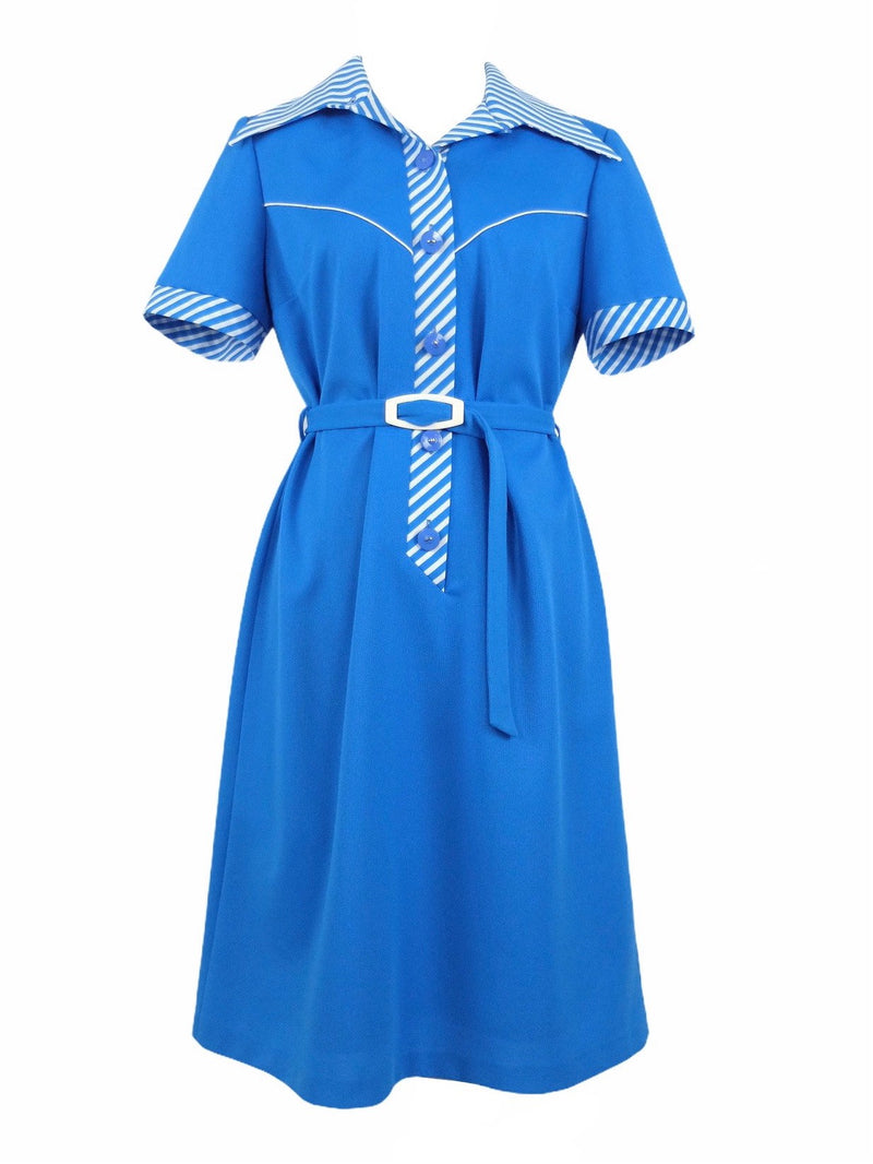 Vintage 60s Mod Psychedelic Gogo Bright Blue Pointed Dagger Collar Half Sleeve Full Circle Belted Shift Midi Dress