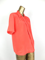 80s Basic Coral Silky Pleated Pointed Collar Short Sleeve Button Up Blouse with Padded Shoulders