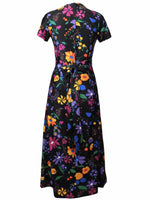 Vintage 70s Mod Psychedelic Prairie Black Multicoloured Floral Short Sleeve Fit and Flare Maxi Dress with Bow Tie