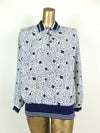 80s Nautical Style Abstract Dotted 1/4 Button Up Collared Pullover Long Sleeve Blouse with Elasticated Waist