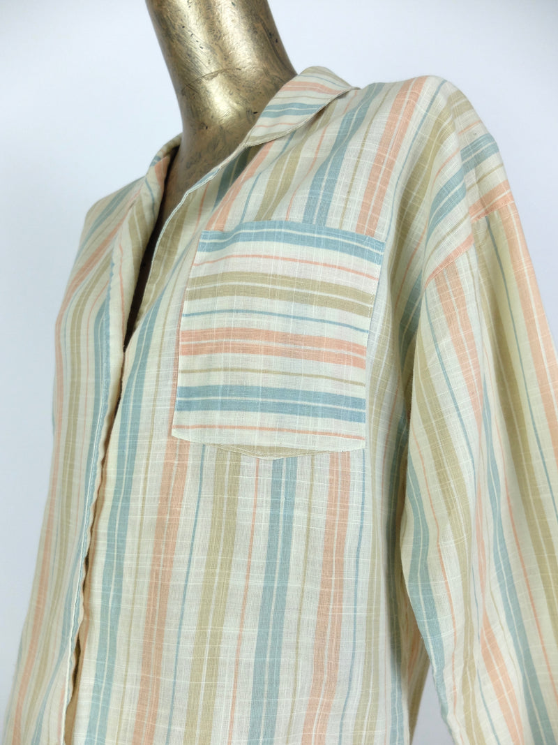 70s Striped Long Sleeve Collared Button Up Linen Shirt