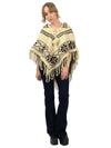 Vintage 70s Hippie Nordic Patterned Floral Chevron Striped V-Neck Collared Fringed Wool Poncho with Tassel Tie