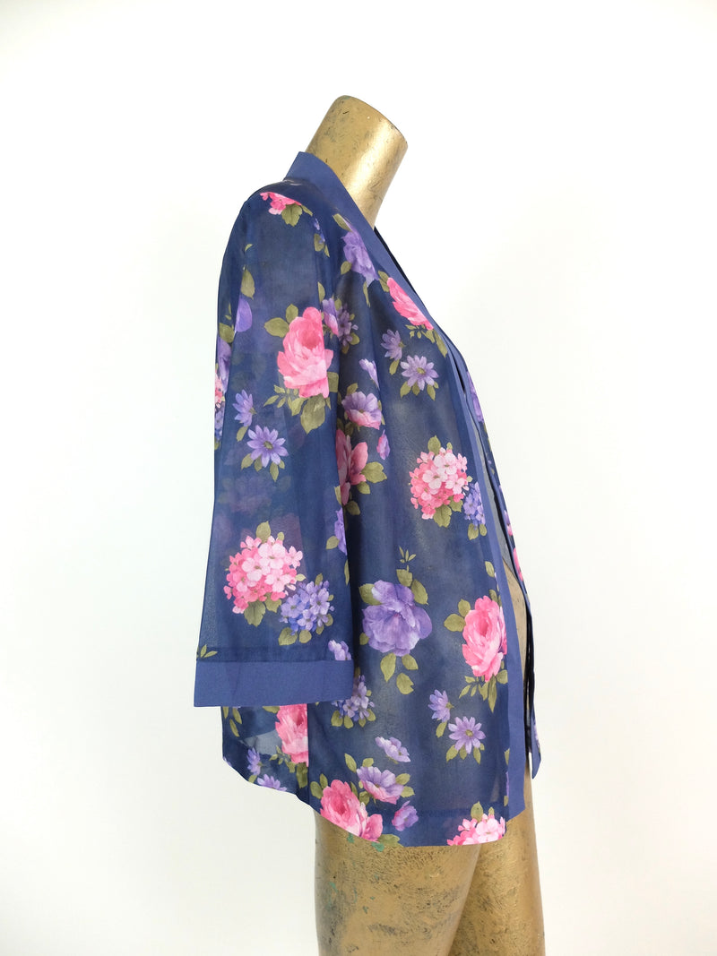 80s Bohemian Floral 3/4 Sleeve Lightweight Kimono Style Open Blouse with Padded Shoulders