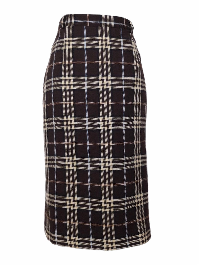 Vintage 90s Y2K Wool Schoolgirl Preppy Plaid Check Print High Waisted Pencil Midi Skirt with Back Slit | Size 14 UK, 10 US, 31.5 Inch Waist