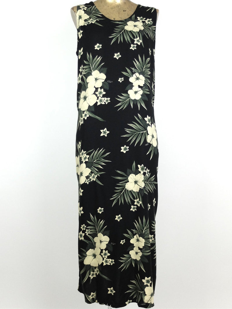 80s Tropical Hawaiian Black Floral Sleeveless Maxi Shift Tank Dress