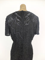 80s Black Intricate Abstract Formal Beaded Sequin Fitted Dress