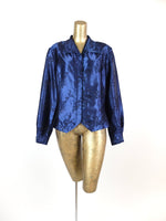 80s Floral Royal Blue Pointed Collar Silky Long Sleeve Button Up Blouse with Padded Shoulders