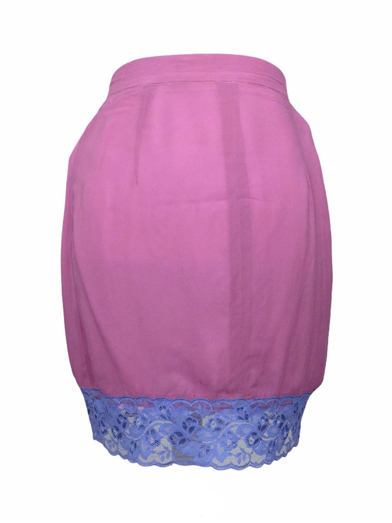 Vintage 70s Luisa Spangoli Designer Silk Made in Italy Pink and Purple Lace Trim High Waisted Wrap Mini Skirt