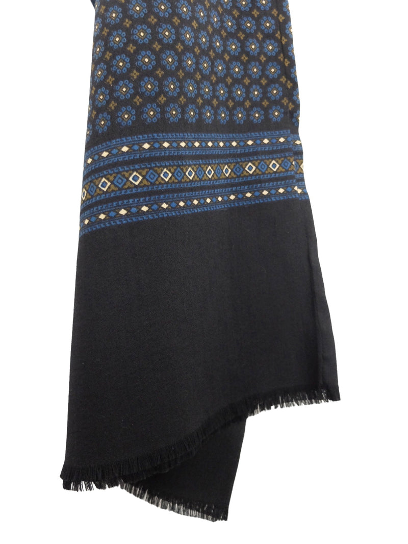 Vintage 70s Mod Hippie Abstract Geometric Patterned Black Blue & Brown Silk & Wool Blend Long Wide Neck Tie Scarf