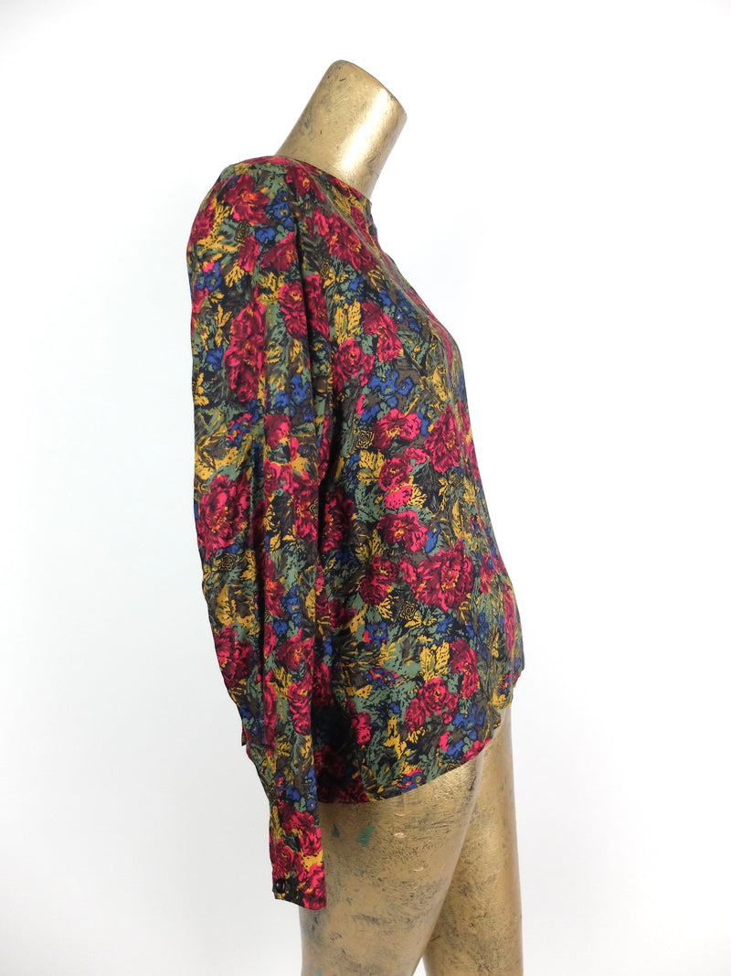 70s Mod Romantic Bohemian Floral Long Sleeve Blouse with Shoulder Pads