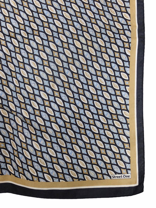 Vintage 80s Mod Bohemian Navy Blue & Gold Geometric Patterned Square Bandana Neck Tie Scarf