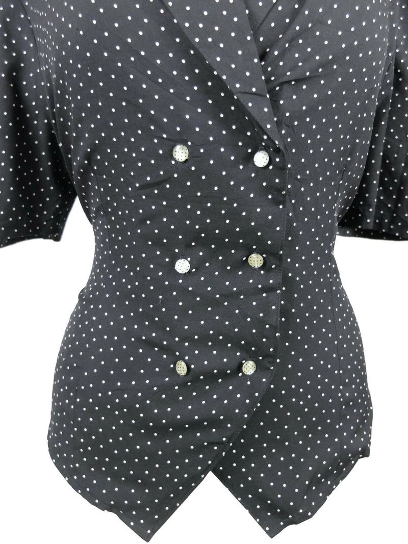 Vintage 80s Black and White Rockabilly Pinup Style Collared Puff Sleeve Button Down Blouse