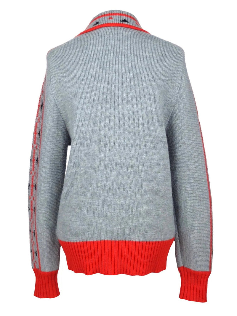 Vintage 70s Mens Knit Athletic Style Grey and Red Striped Collared Zip Up Sweater Jumper