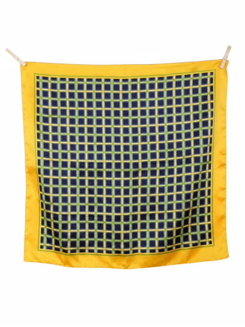 Vintage 90s Mod Plaid Check Print Silky Yellow & Blue Square Bandana Neck Tie Scarf