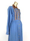 80s Bohemian Hippie Prairie Western Blue Denim Collared Long Sleeve Button Up Dress