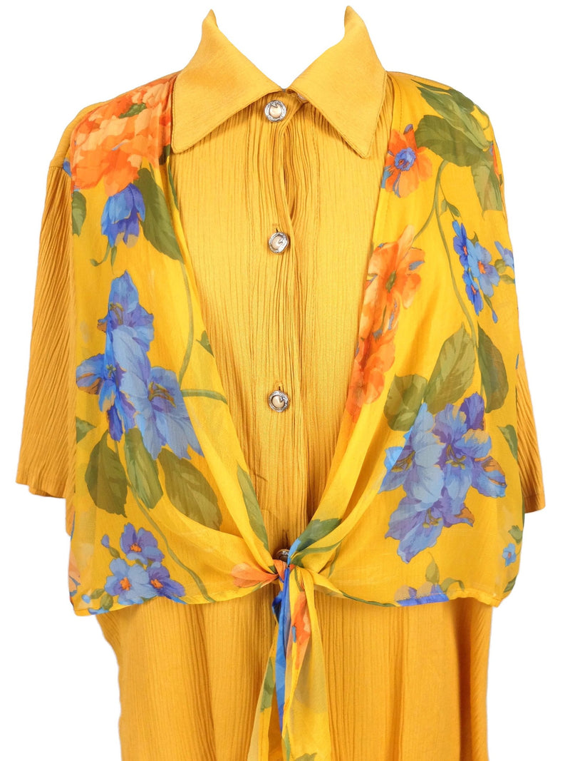 Vintage 80s Mustard Yellow Half Sleeve Collared Button Up Shirt with Attached Sheer Floral Tie Vest