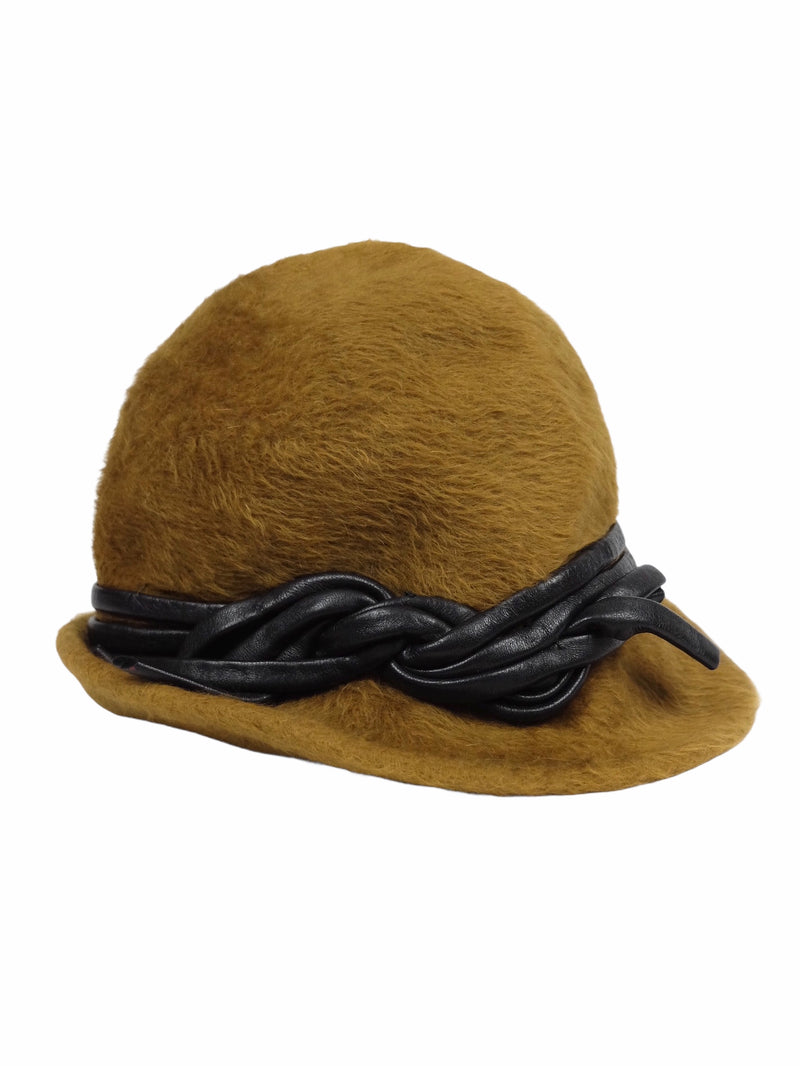 Vintage 70s Mid-Century Mod Fuzzy Brown Winter Cloche Hat with Faux Leather Tie Detail