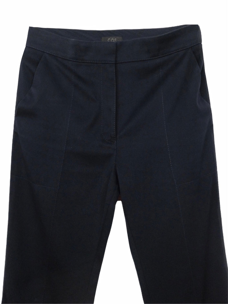 Utilitarian Navy Blue Basic Straight Leg Pleated Trouser Pants