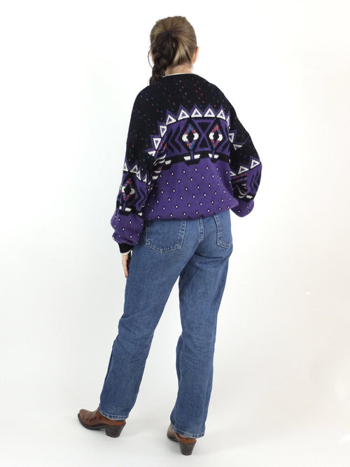 80s Abstract Geometric Pullover Sweater Jumper with Faux Leather Patches