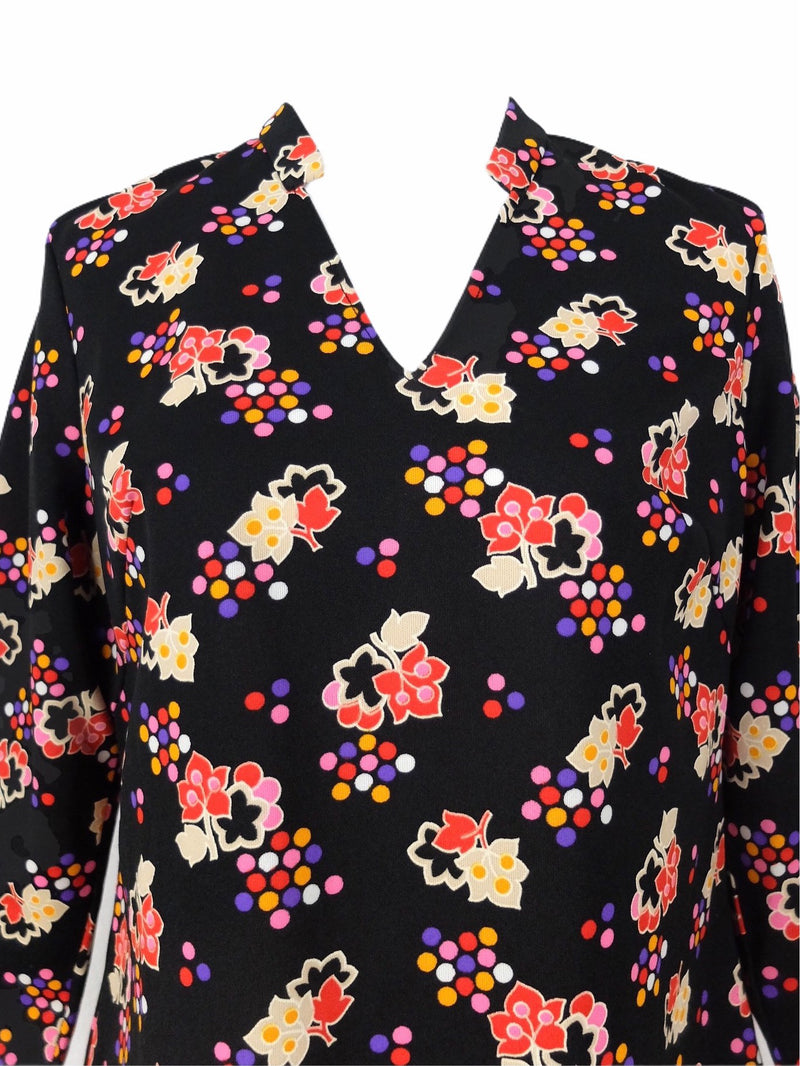 Vintage 70s Mod Hippie Psychedelic Black & Multicoloured Abstract Floral Mockneck V-Neck Long Sleeve Blouse | Size Medium