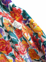 Vintage 80s Bright Floral Print Half Puff Sleeve Button Up Blouse | Women’s Size Medium-Large