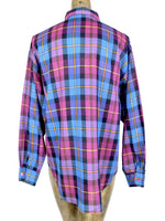 70s Western Pink and Blue Check Print Collared Long Sleeve Button Up Shirt