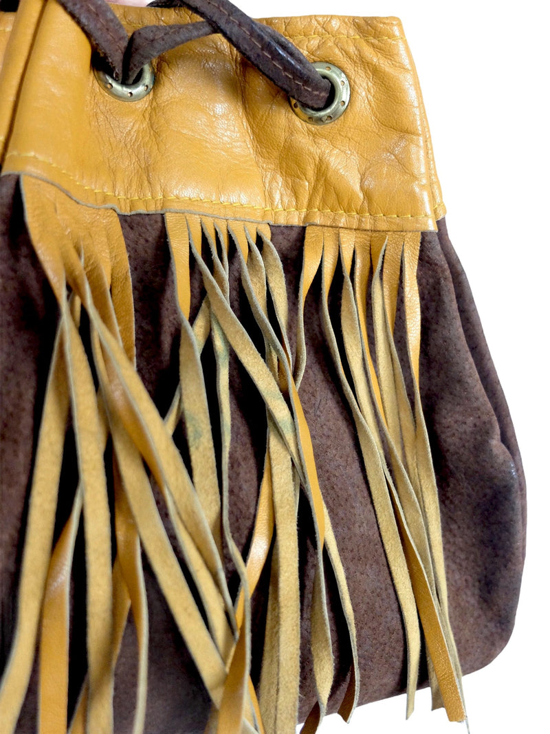 Vintage 70s Western Hippie Bohemian Festival Style Suede Leather Brown & Rust Orange Small Top Handle Boxy Fringed Bucket Bag Purse