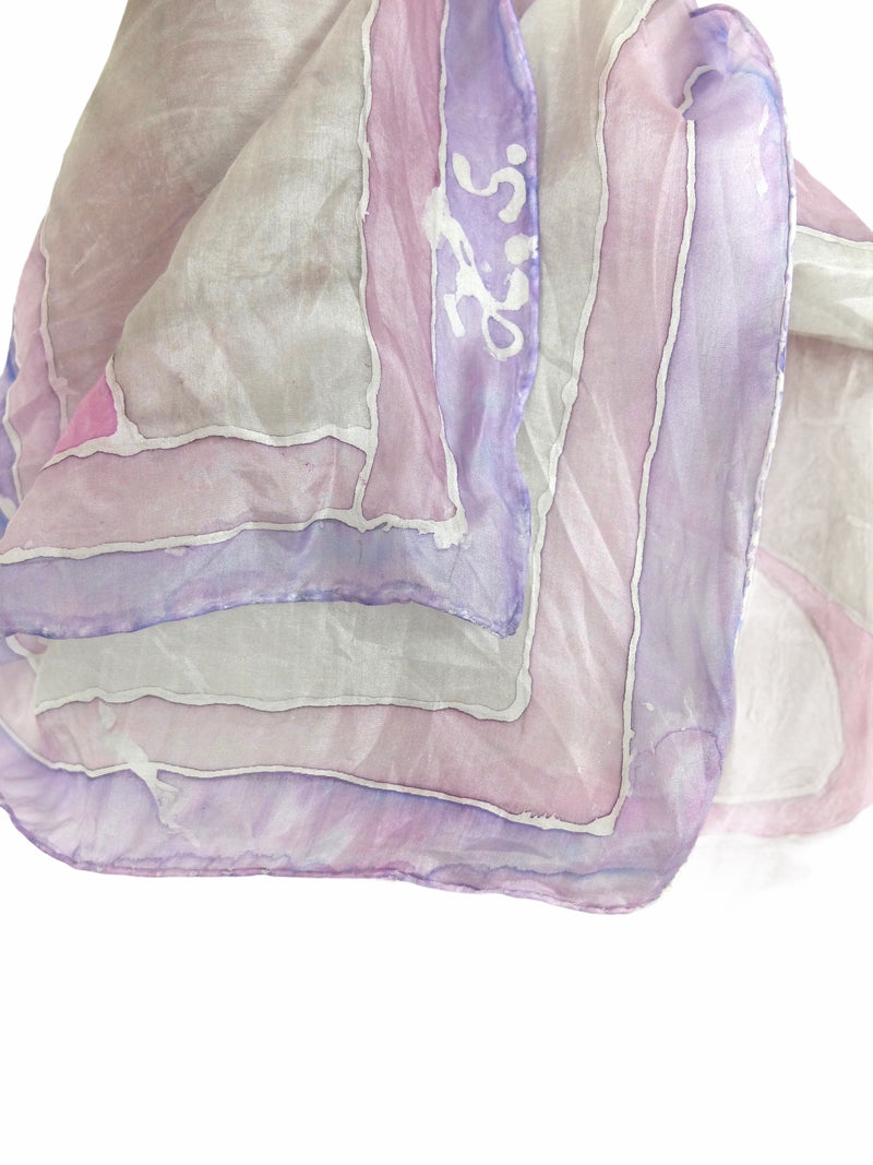 Vintage 70s Silk Handpainted Psychedelic Abstract Pastel Pink & Purple Long Wide Neck Tie Scarf