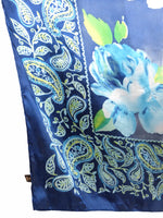 Vintage 80s Bohemian Chic Blue Floral Roses & Paisley Print Silky Square Bandana Neck Tie Scarf