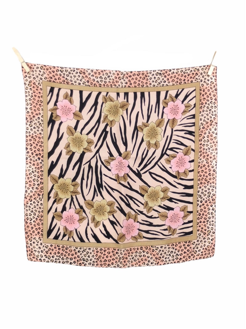 Vintage 80s Abstract Bohemian Pastel Pink Leopard Floral Zebra Animal Print Square Bandana Neck Tie Scarf