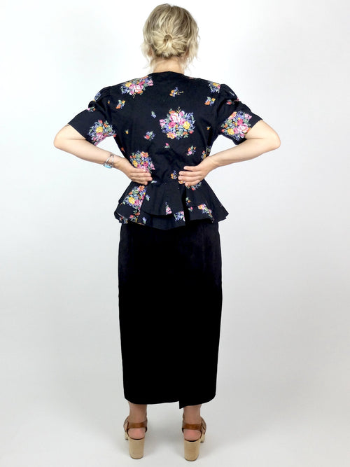 80s Romantic Floral Structured Peplum Button Up Half Sleeve Blouse with Shoulder Pads