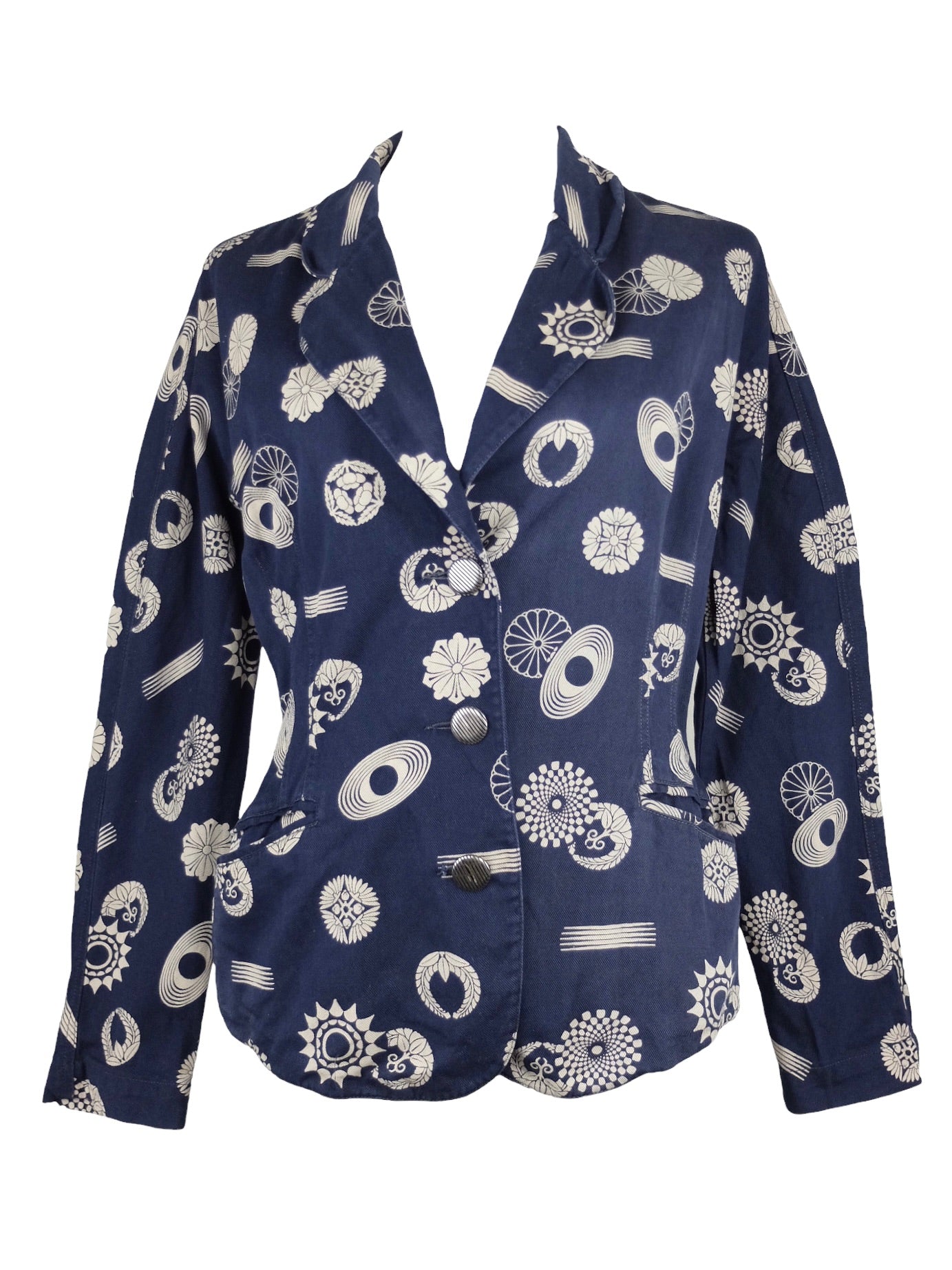 Vintage 2000s Y2K Funky Chic Ernestina Cerini Abstract Patterned Navy Blue & Cream Button Down Cotton Blazer Jacket | Size M