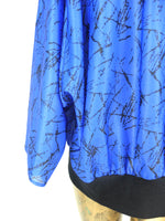 70s Bright Royal Blue Abstract Lines Flowy Long Sleeve Pullover Blouse with Elasticated Waist