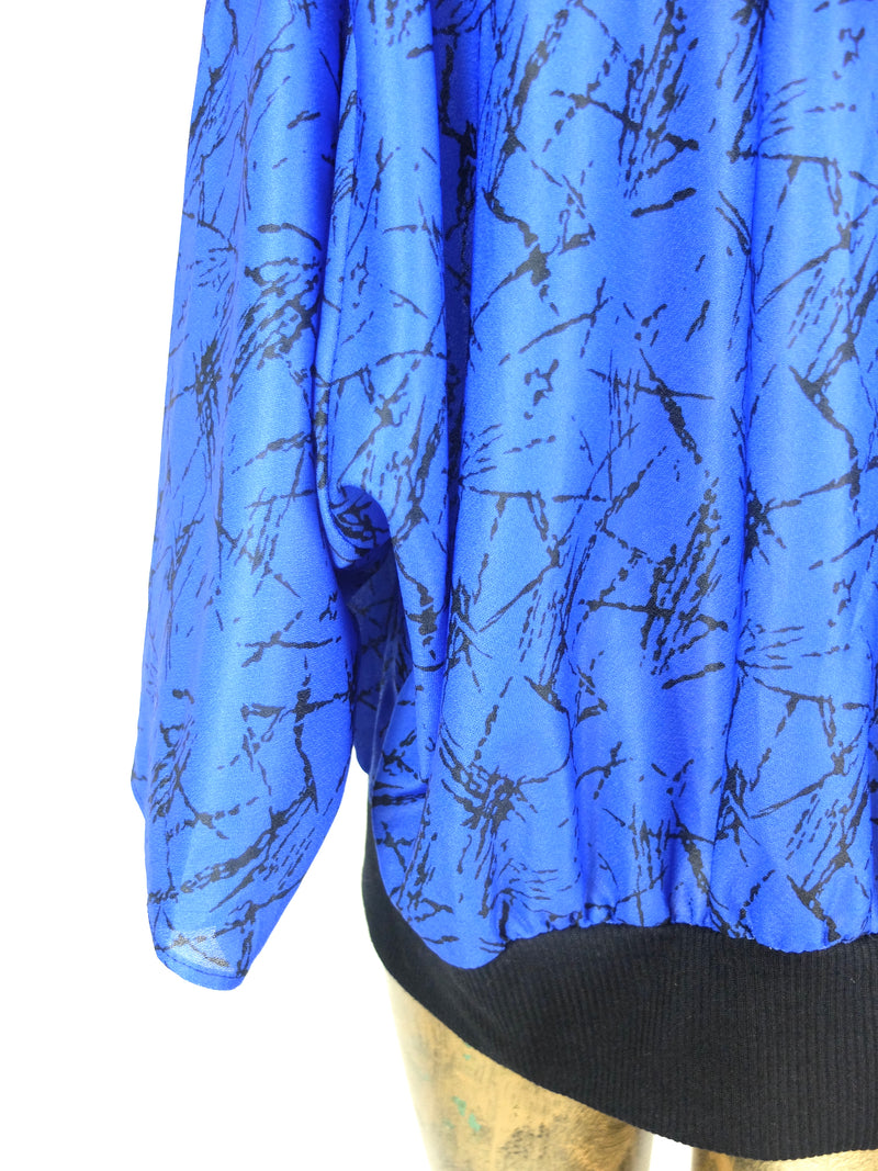 70s Bright Royal Blue Abstract Lines Flowy Long Sleeve Pullover Blouse with Elasticated Waist