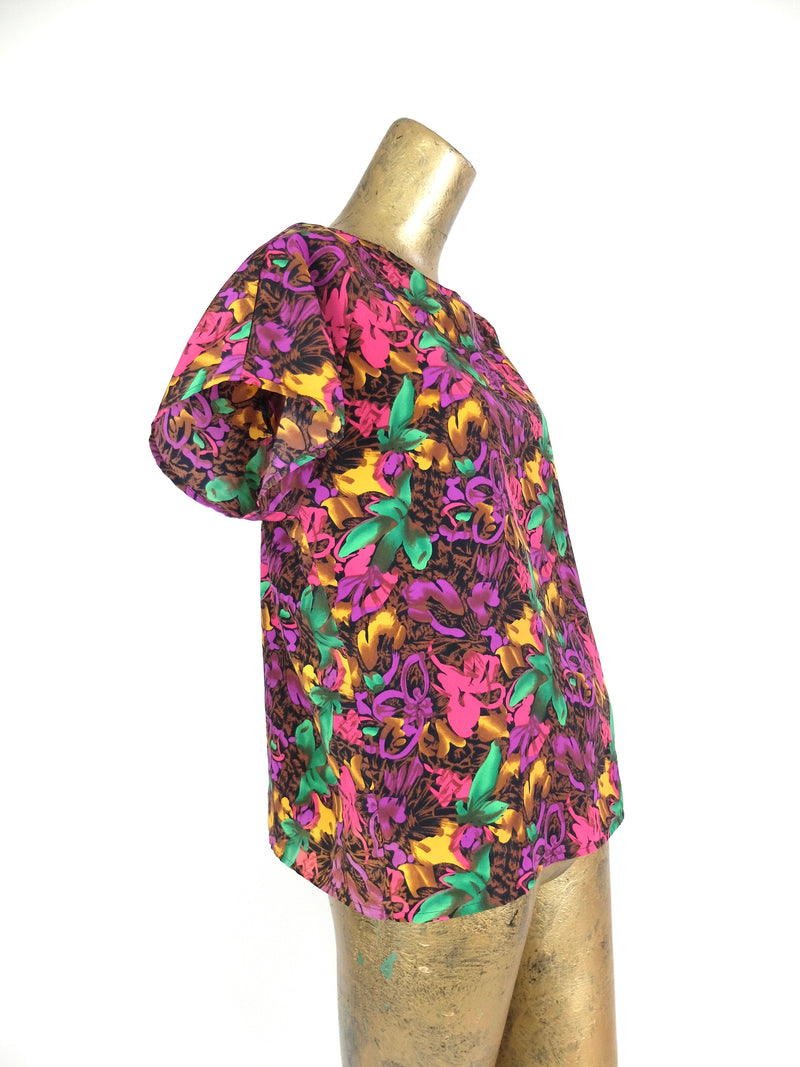 80s Abstract Floral Short Sleeve Scoop Neck Blouse
