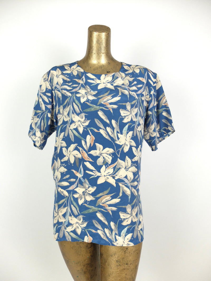 80s Silk Tropical Hawaiian Floral Pullover Half Sleeve Blouse