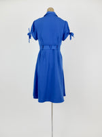80s does 50s Pinup Style Puff Short Sleeve Bright Blue Fit and Flare Collared Circle Midi Dress with Ties