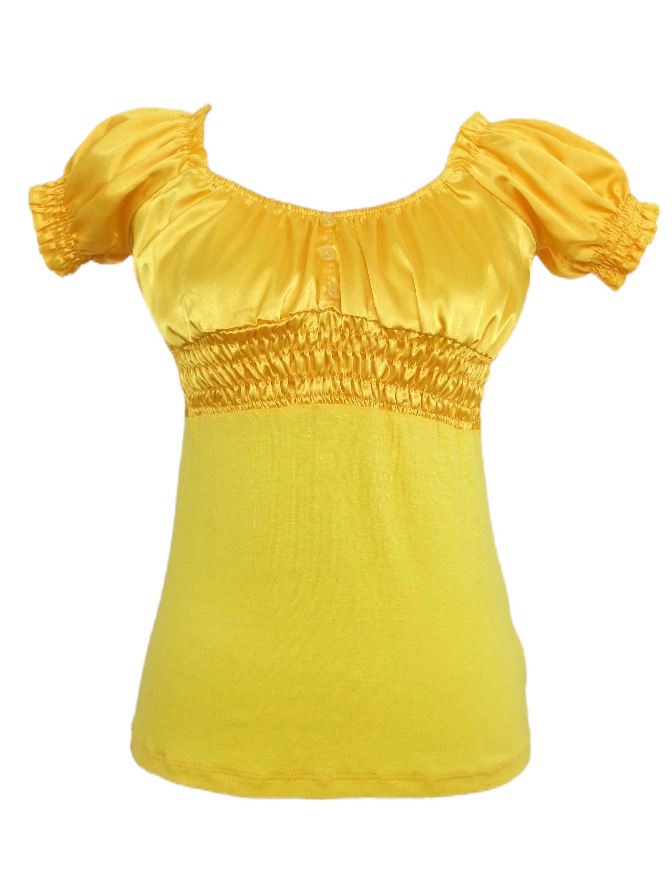 Vintage 00s Y2K Silky Ruched Puff Sleeve Bright Yellow Scoop Neck Blouse | Size S