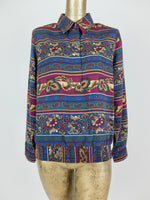 80s Abstract Paisley Collared Long Sleeve Button Up Blouse with Padded Shoulders