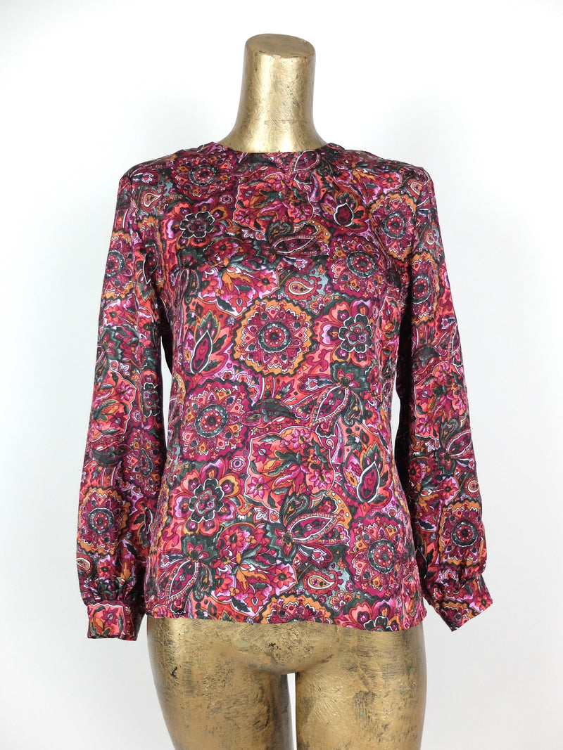 70s Psychedelic Mod Glam Rock Bright Pink Paisley Print Silky Long Sleeve Blouse
