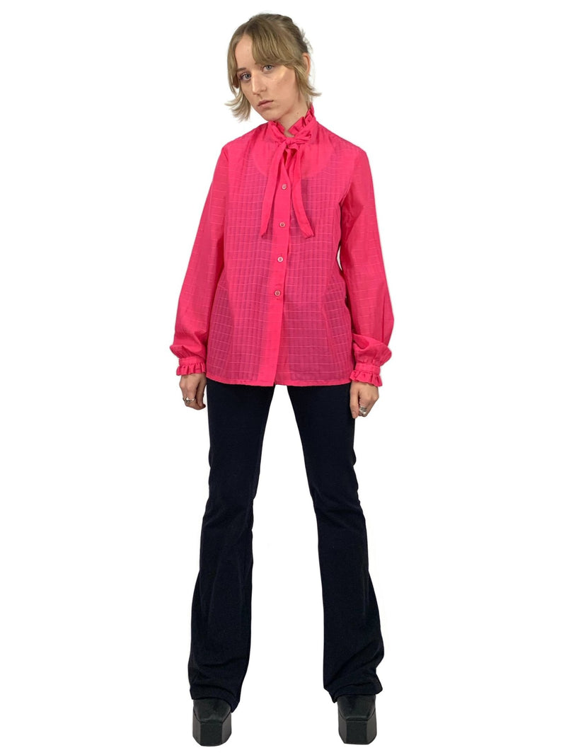 Vintage 70s Mod Glam Rock Hot Pink Ruffled Collar Long Sleeve Button Up Pussy Bow Blouse
