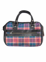 Vintage 60s Mod Plaid Check Print Faux Leather Top Handle Briefcase Travel Bag with Zippers