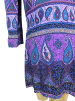 80s Bright Purple Abstract Paisley Print 3/4 Sleeve Button Up Blouse